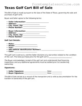 Valid  Golf Cart Bill of Sale Form for Texas
