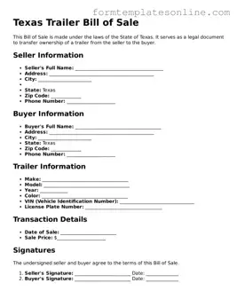 Valid  Trailer Bill of Sale Form for Texas