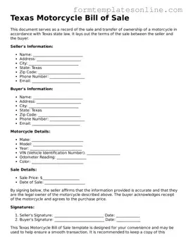 Valid  Motorcycle Bill of Sale Form for Texas
