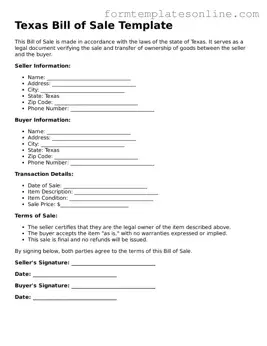 Valid  Bill of Sale Form for Texas
