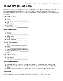 Valid  RV Bill of Sale Form for Texas