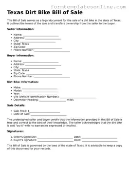 Valid  Dirt Bike Bill of Sale Form for Texas