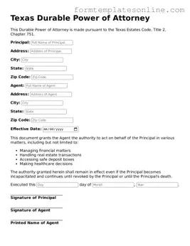 Valid  Durable Power of Attorney Form for Texas