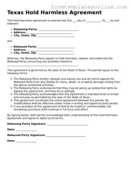 Valid  Hold Harmless Agreement Form for Texas