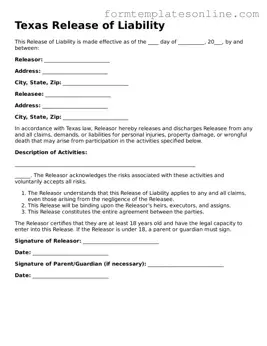 Valid  Release of Liability Form for Texas