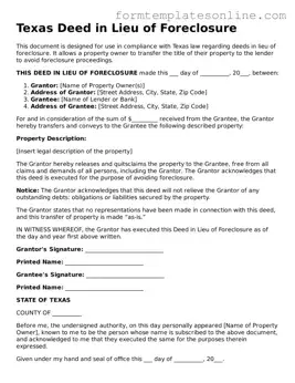 Valid  Deed in Lieu of Foreclosure Form for Texas