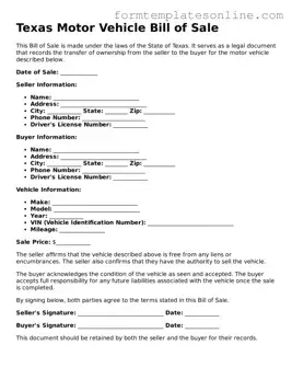 Valid  Motor Vehicle Bill of Sale Form for Texas