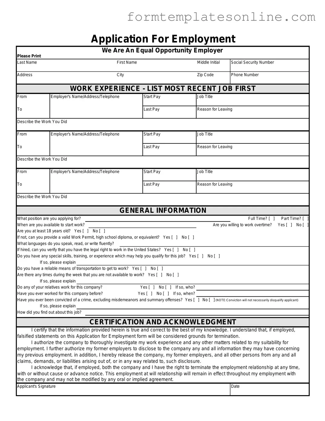 Spanish Application Employment PDF Form