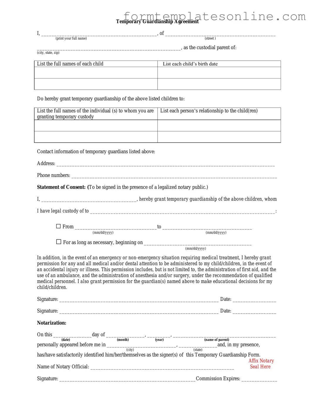 Temporary Custody PDF Form