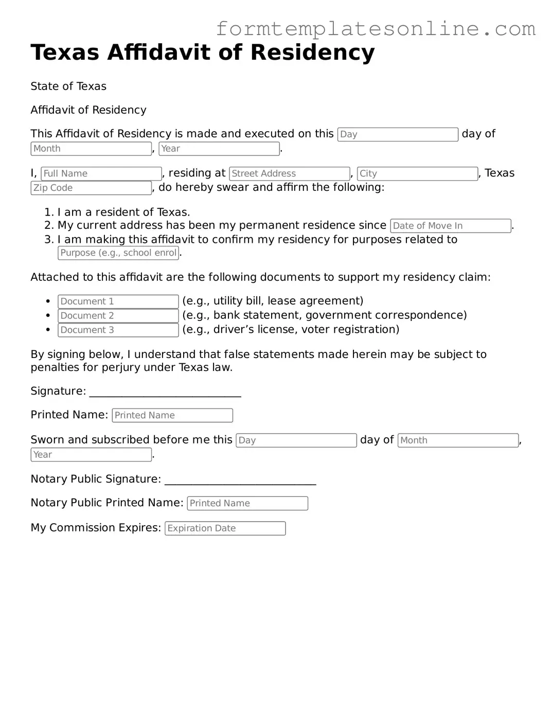 Valid  Affidavit of Residency Form for Texas