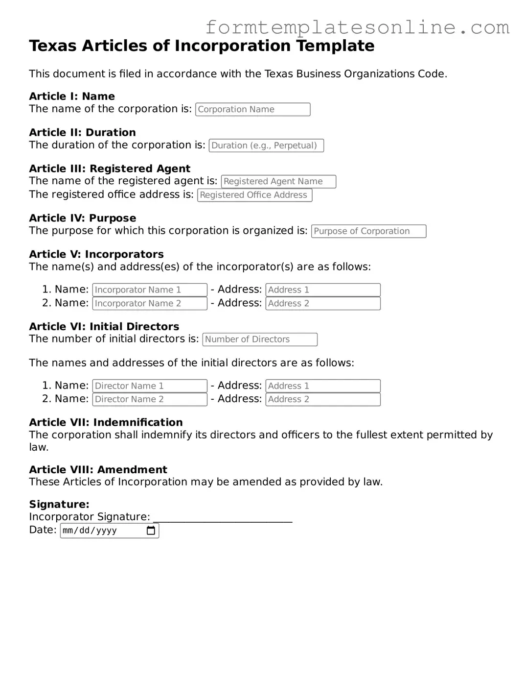 Valid Articles of Incorporation Form for Texas