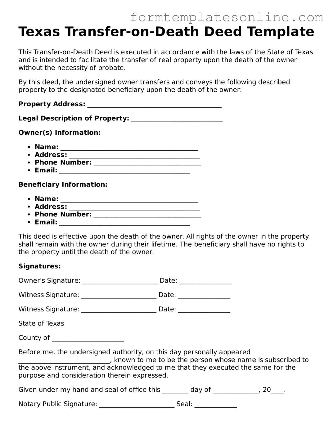 Valid  Transfer-on-Death Deed Form for Texas