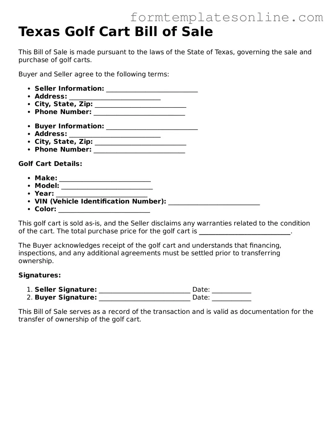 Valid  Golf Cart Bill of Sale Form for Texas