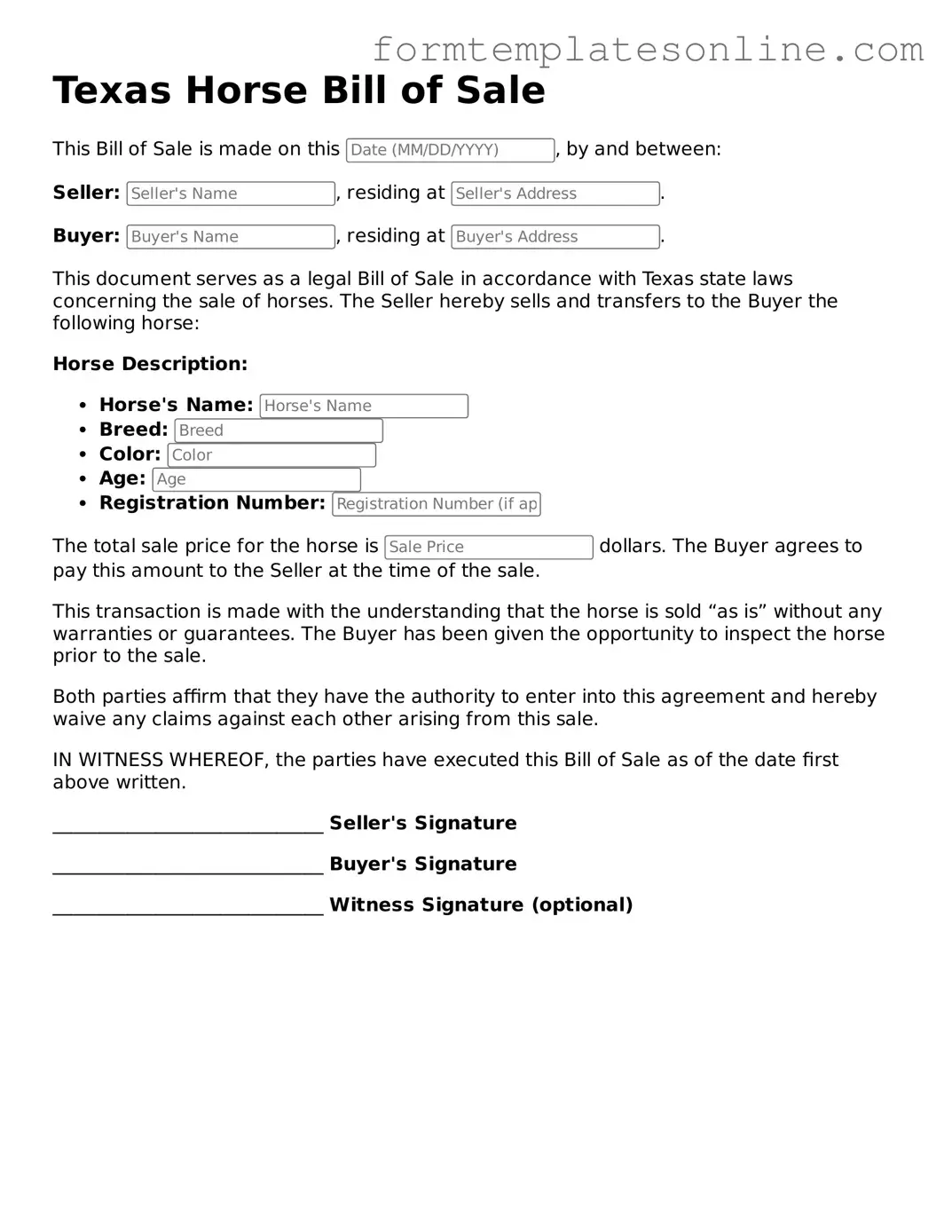 Valid  Horse Bill of Sale Form for Texas