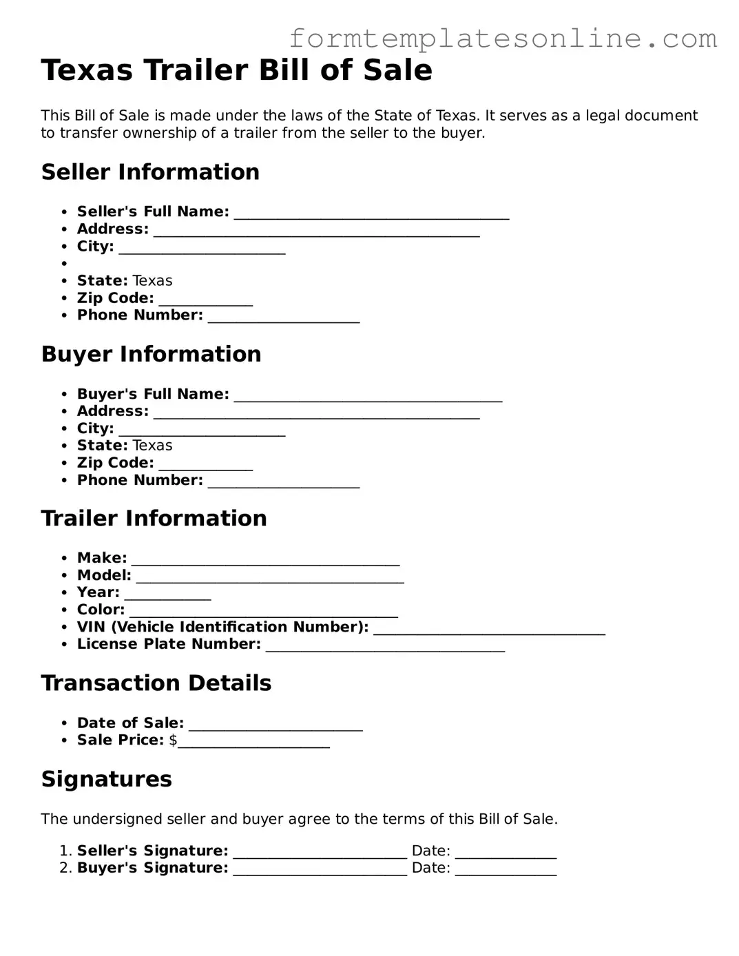 Valid  Trailer Bill of Sale Form for Texas