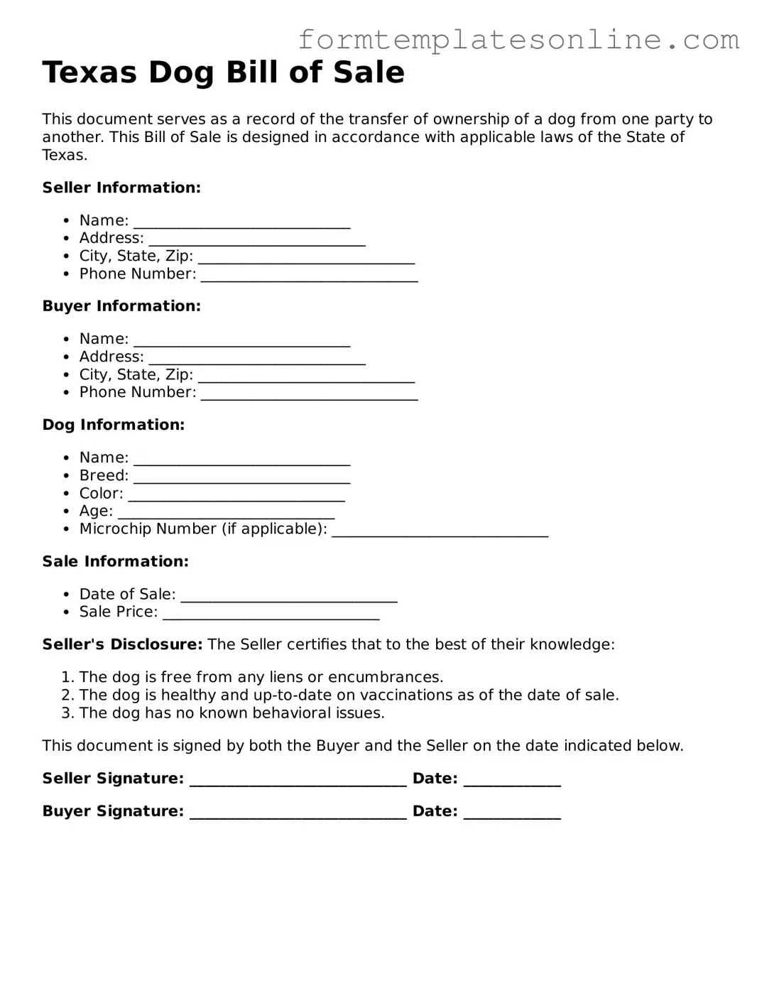 Valid  Dog Bill of Sale Form for Texas