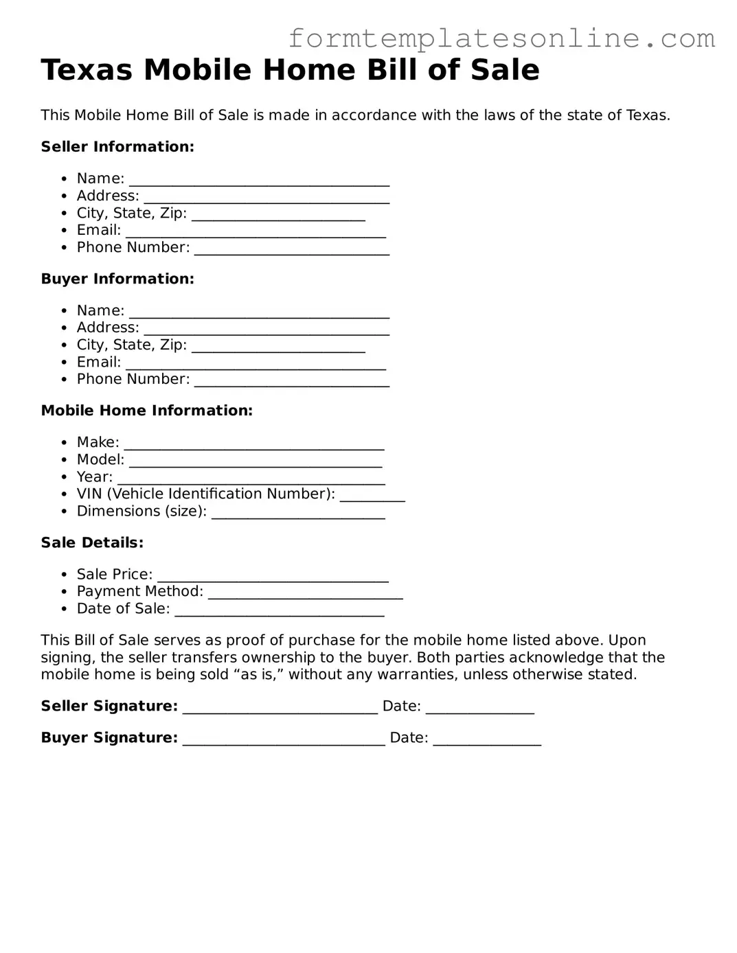 Valid  Mobile Home Bill of Sale Form for Texas