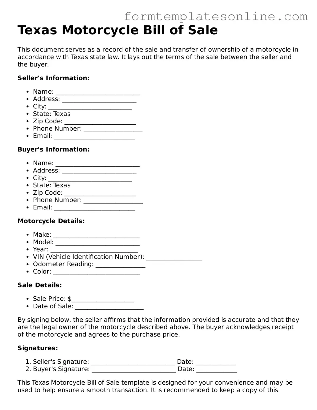 Valid  Motorcycle Bill of Sale Form for Texas