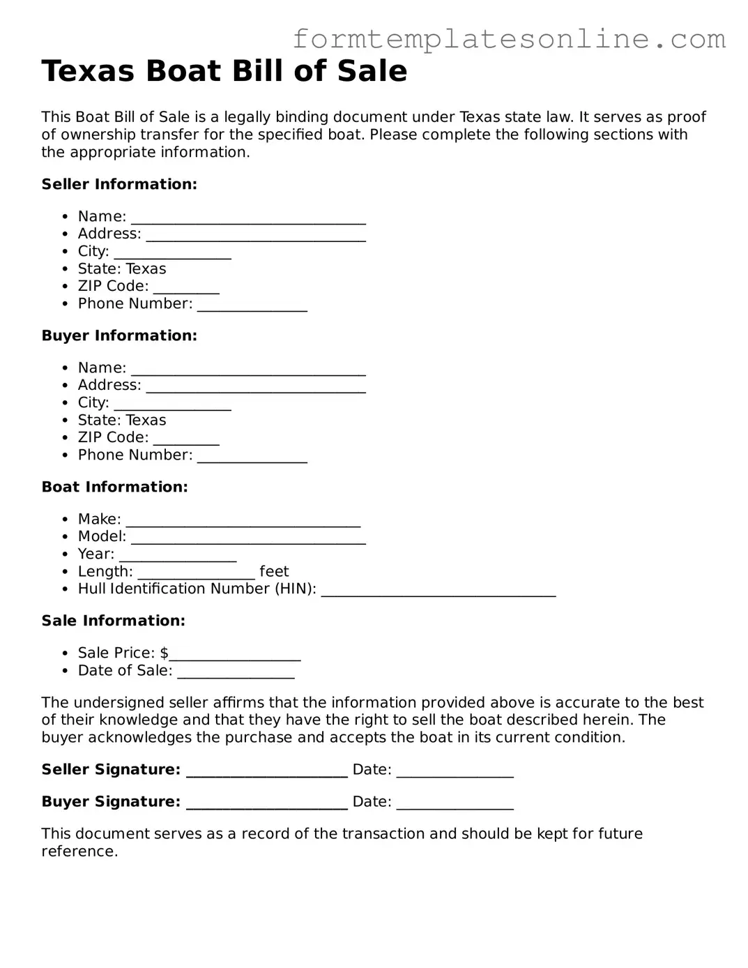 Valid  Boat Bill of Sale Form for Texas