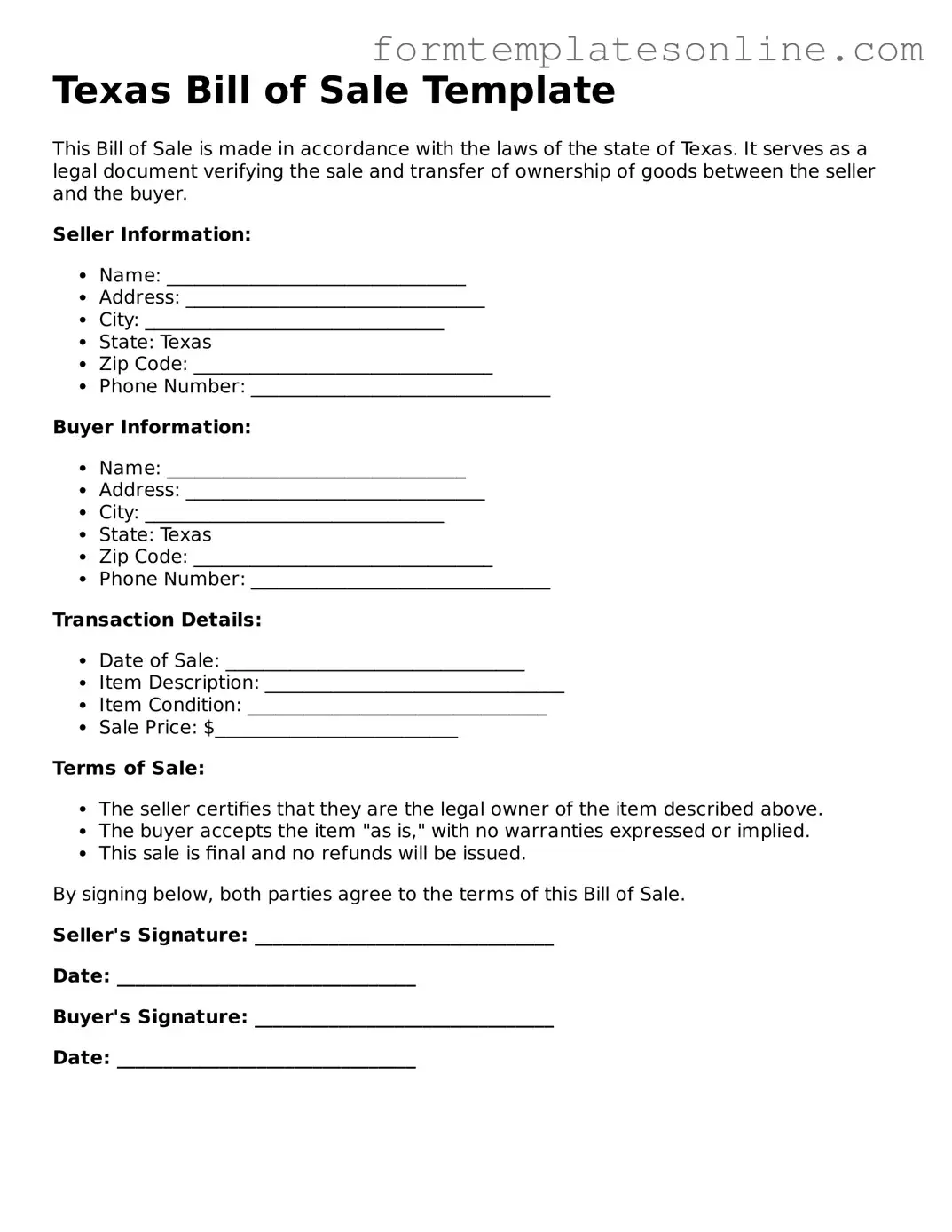 Valid  Bill of Sale Form for Texas