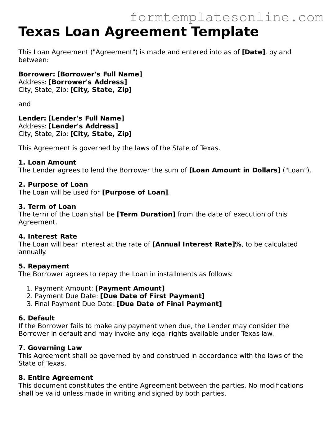 Valid  Loan Agreement Form for Texas