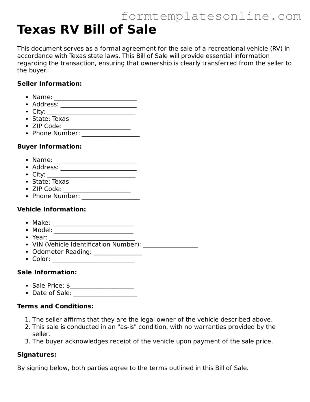 Valid  RV Bill of Sale Form for Texas