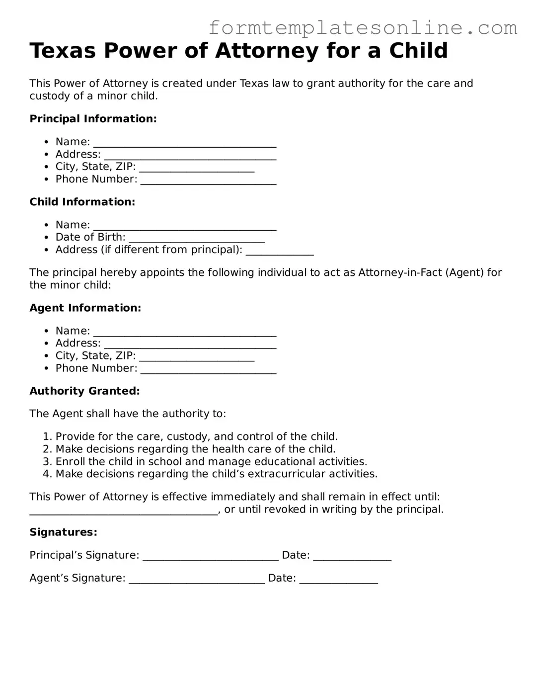 Valid  Power of Attorney for a Child Form for Texas