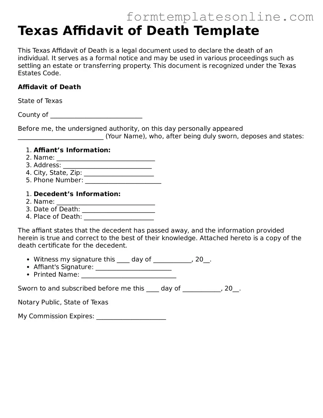 Valid  Affidavit of Death Form for Texas