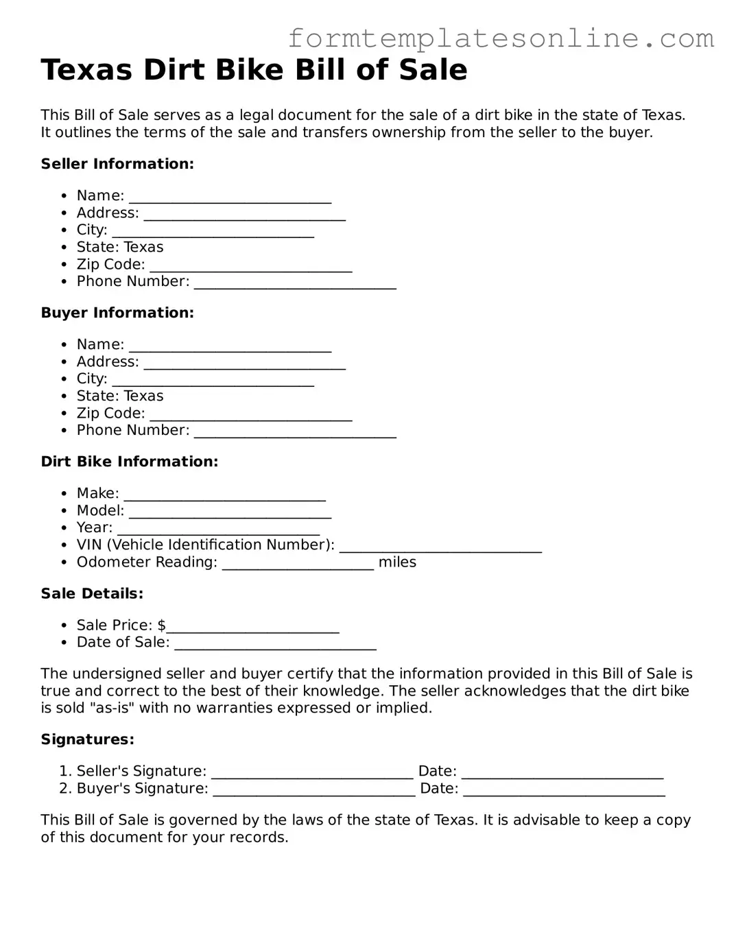 Valid  Dirt Bike Bill of Sale Form for Texas