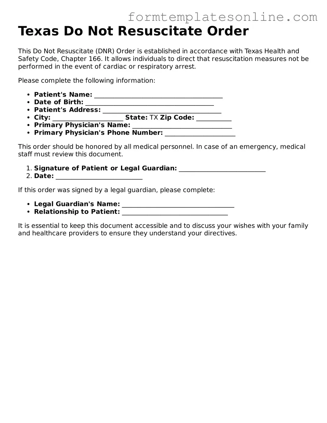 Valid  Do Not Resuscitate Order Form for Texas