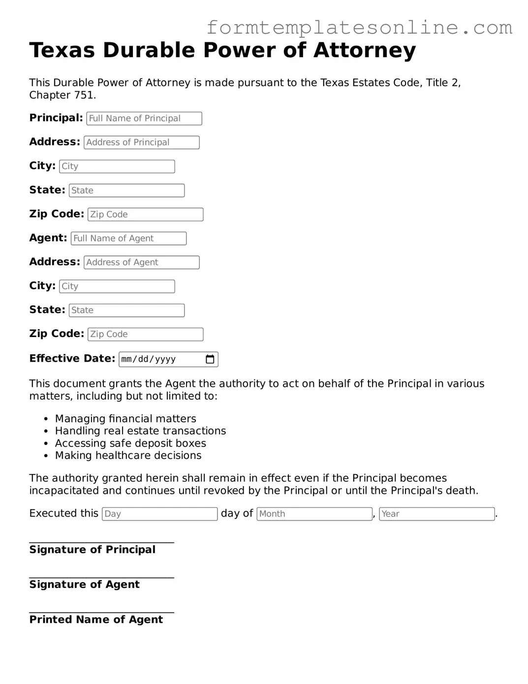 Valid Durable Power of Attorney Form for Texas