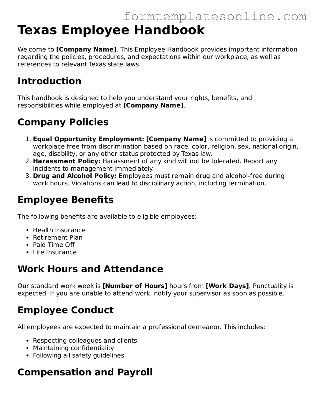 Valid  Employee Handbook Form for Texas