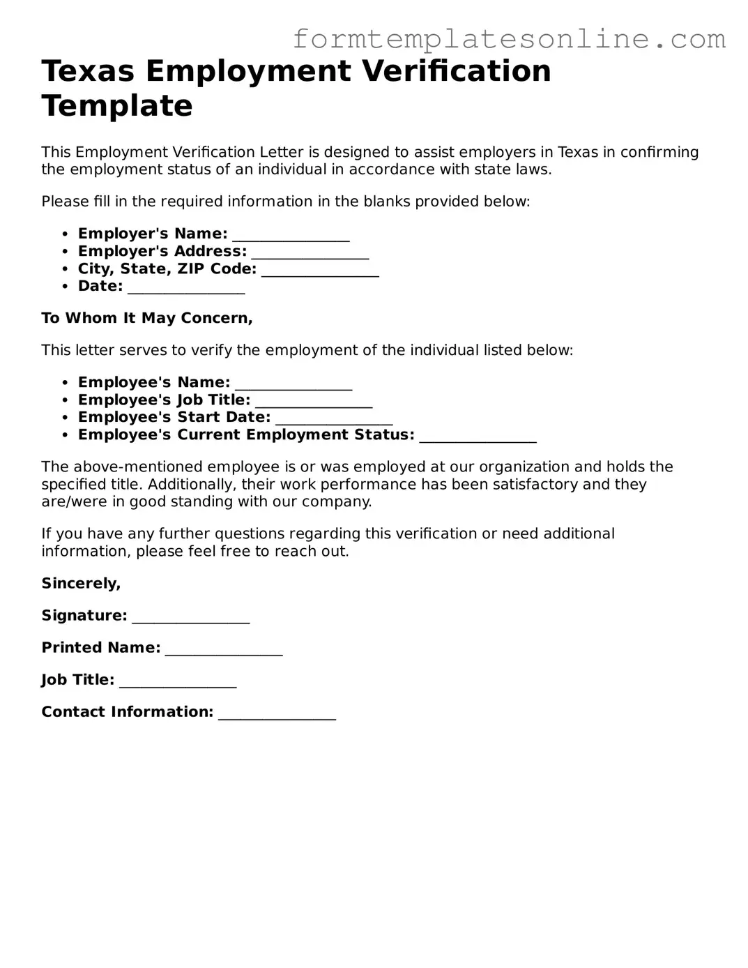 Valid  Employment Verification Form for Texas