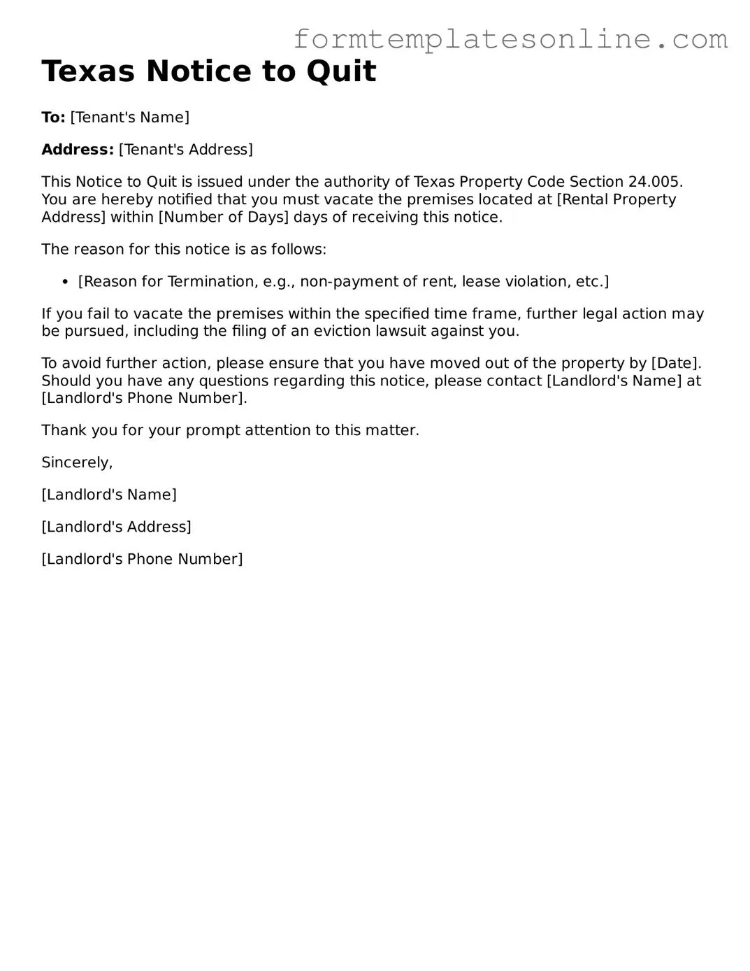 Valid  Notice to Quit Form for Texas