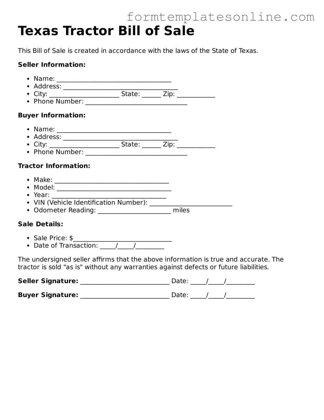 Valid  Tractor Bill of Sale Form for Texas