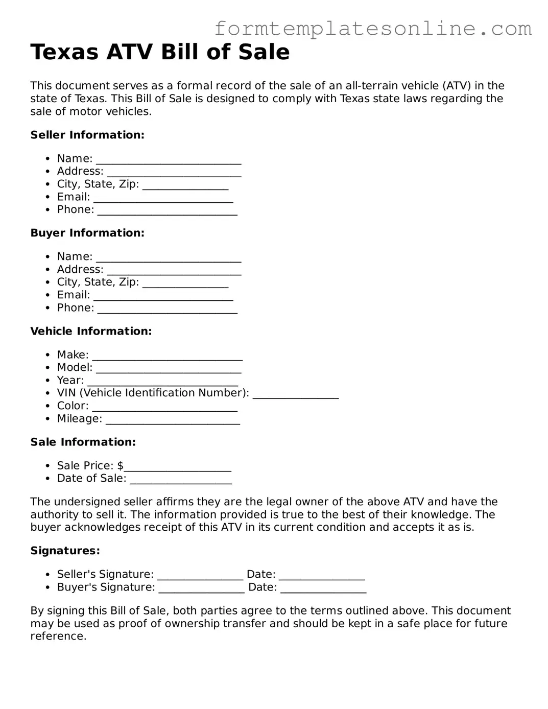 Valid  ATV Bill of Sale Form for Texas