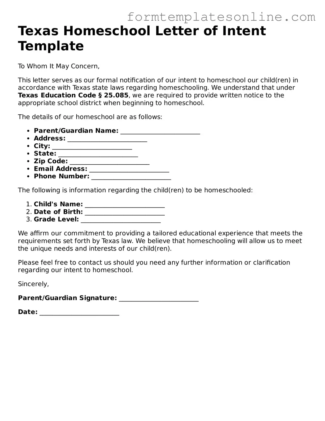 Valid  Homeschool Letter of Intent Form for Texas
