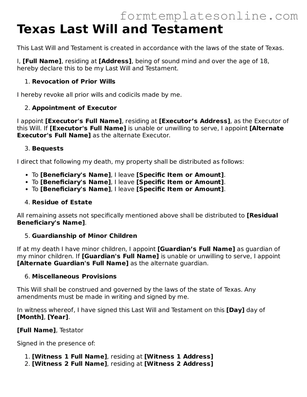 Valid  Last Will and Testament Form for Texas