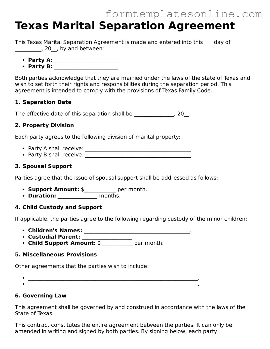 Valid  Marital Separation Agreement Form for Texas