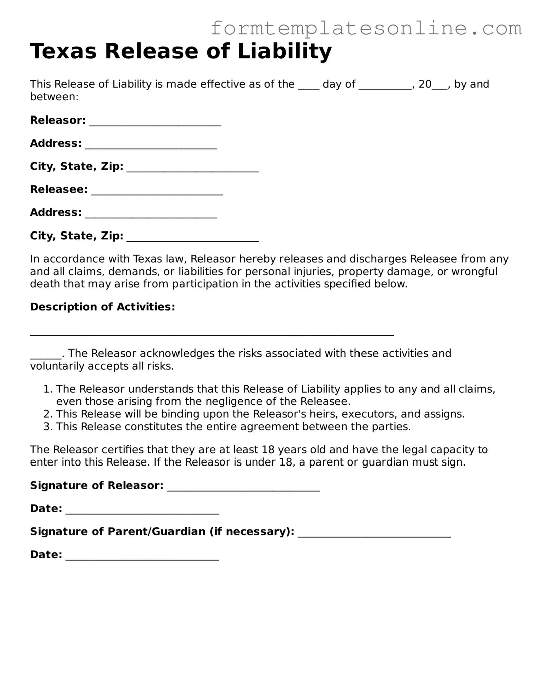 Valid  Release of Liability Form for Texas