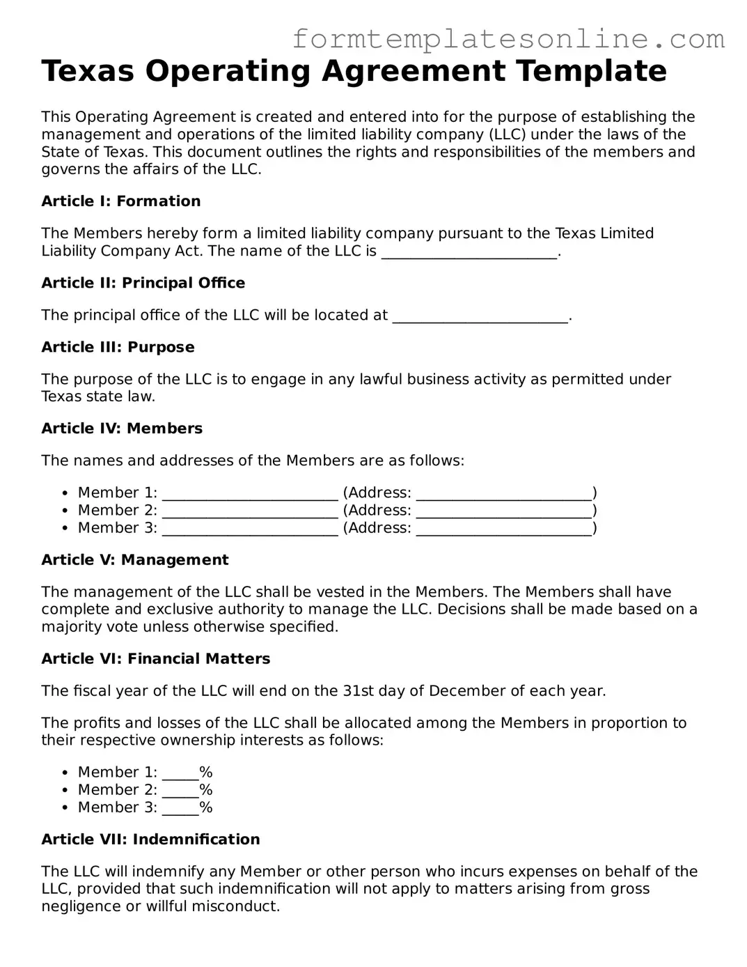 Valid  Operating Agreement Form for Texas