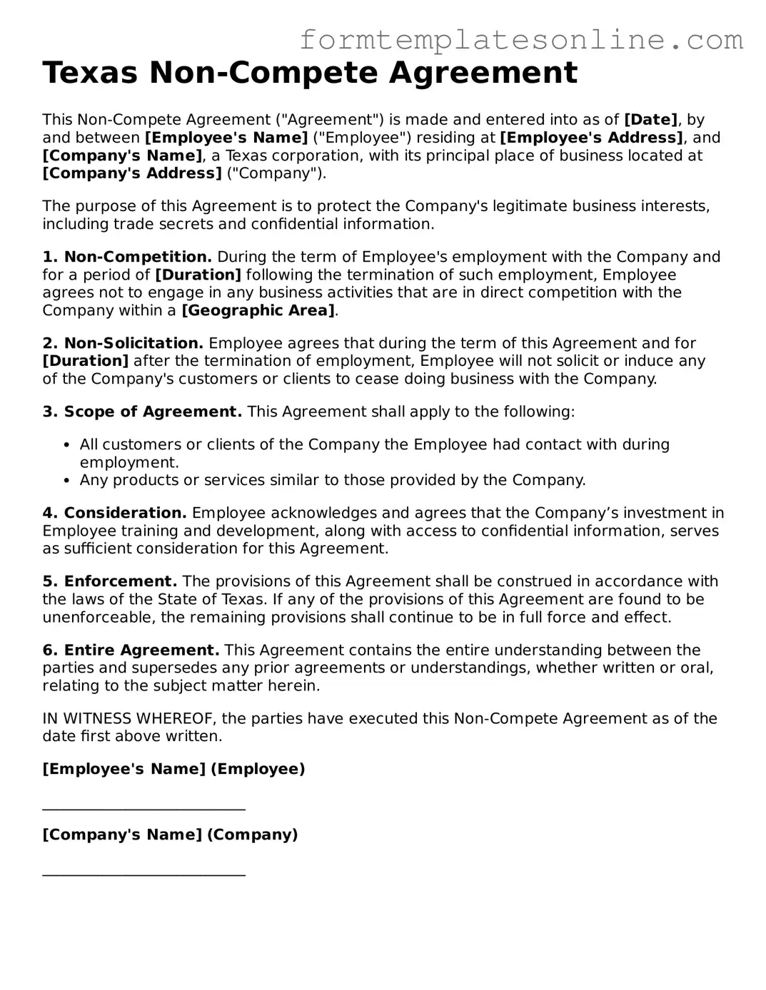 Valid  Non-compete Agreement Form for Texas