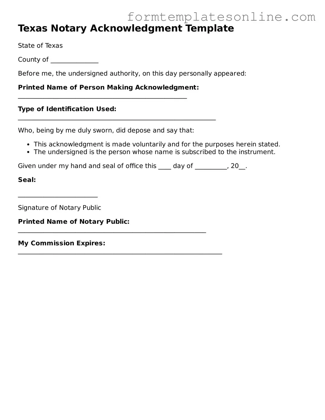Valid  Notary Acknowledgement Form for Texas