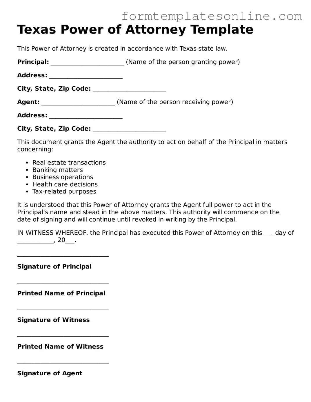 Valid  Power of Attorney Form for Texas