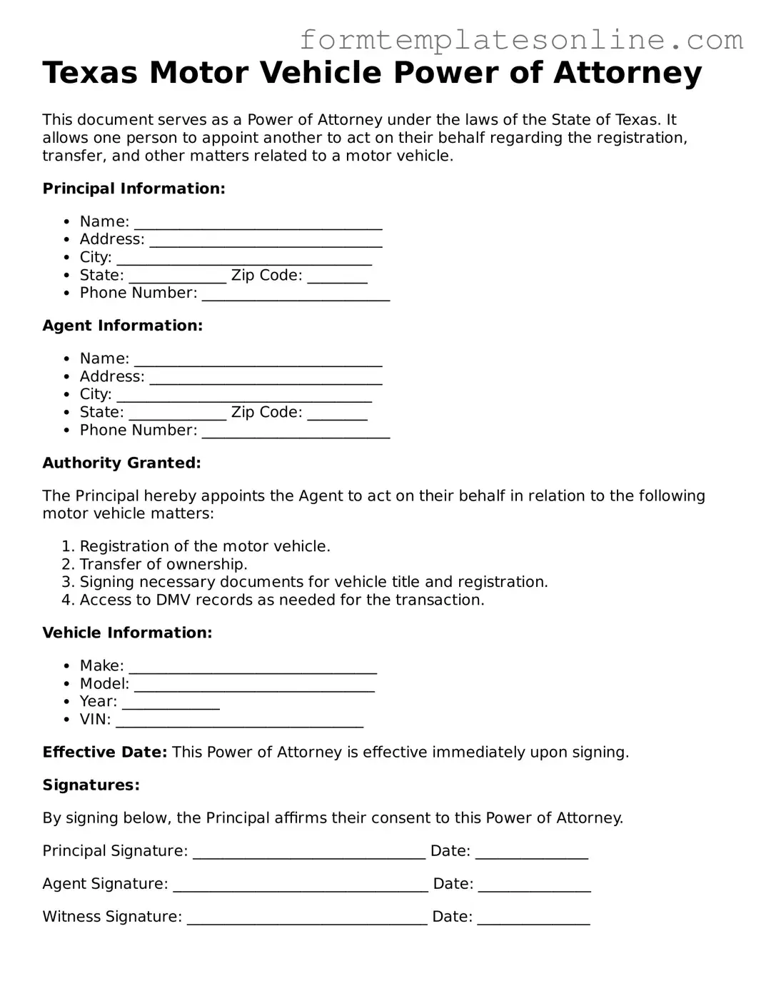 Valid  Motor Vehicle Power of Attorney Form for Texas