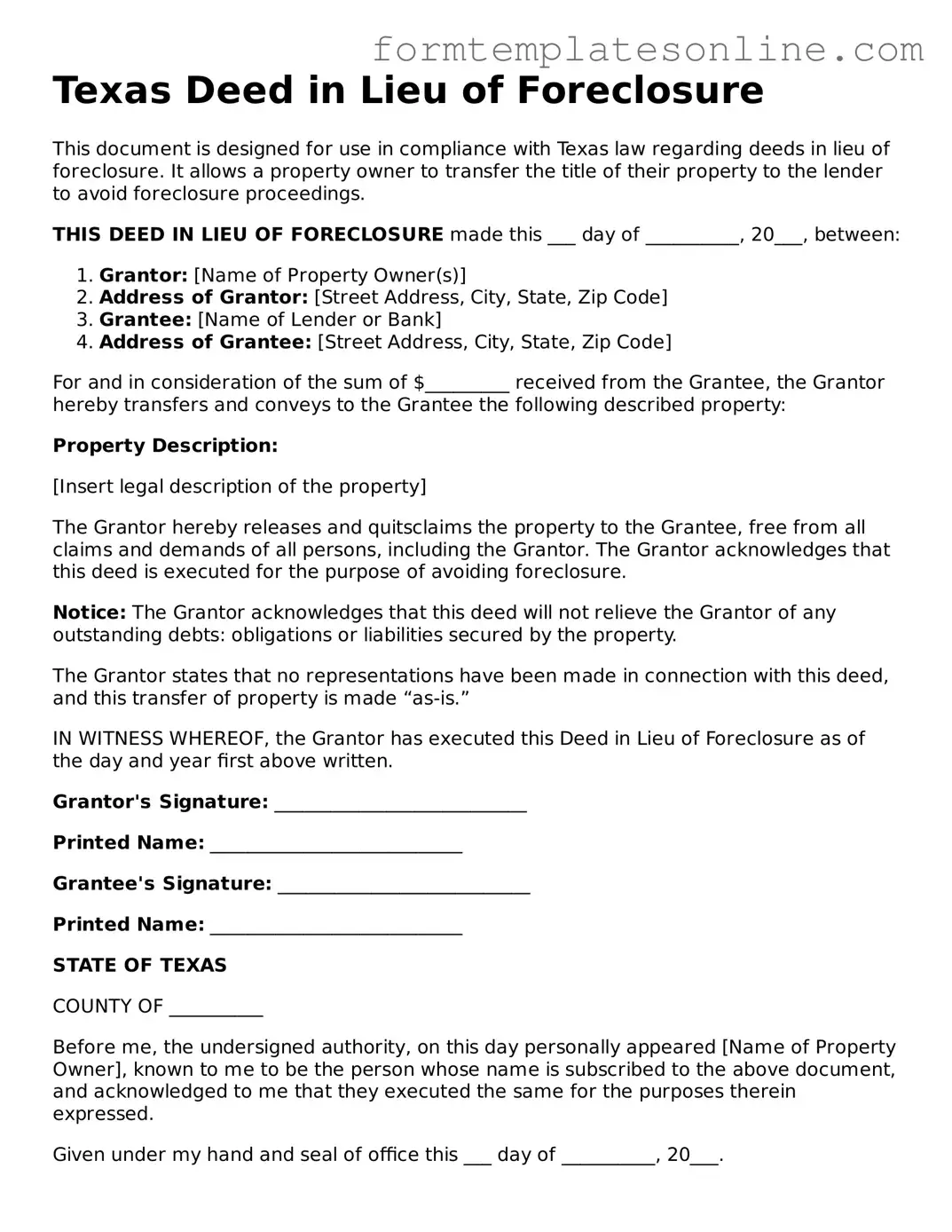 Valid  Deed in Lieu of Foreclosure Form for Texas