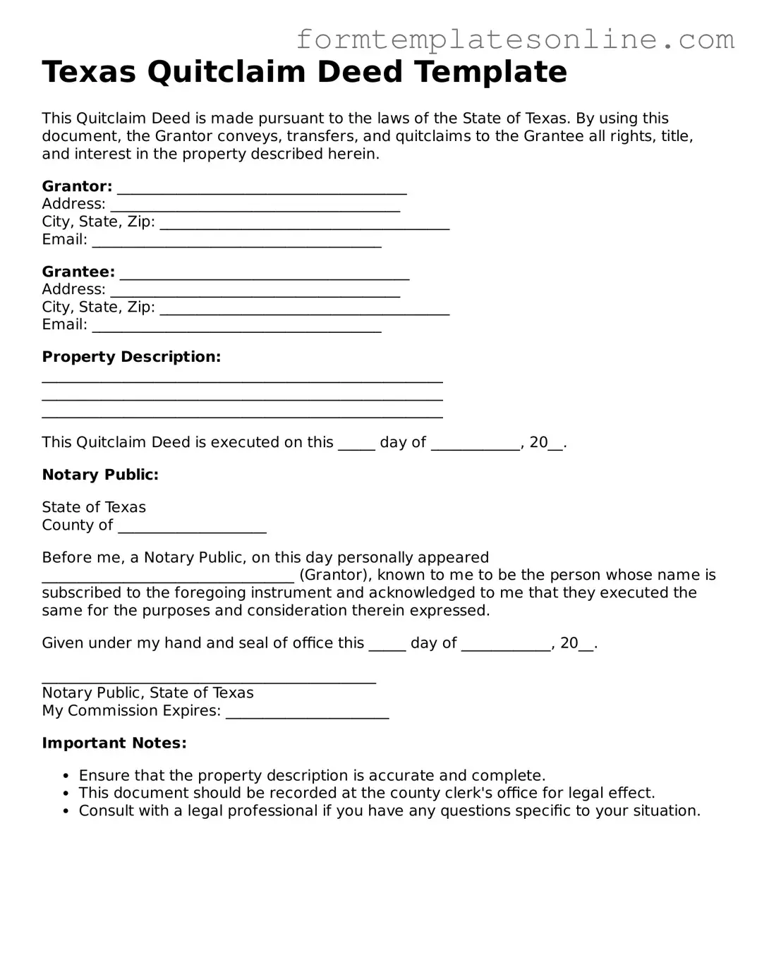 Valid  Quitclaim Deed Form for Texas