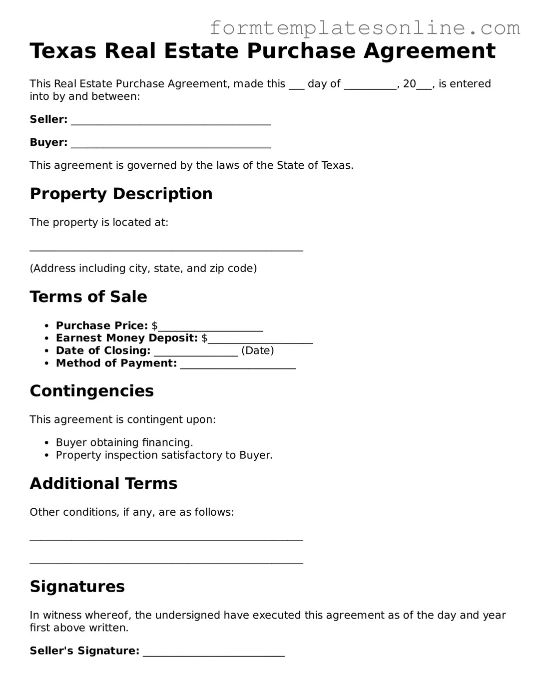 Valid  Real Estate Purchase Agreement Form for Texas