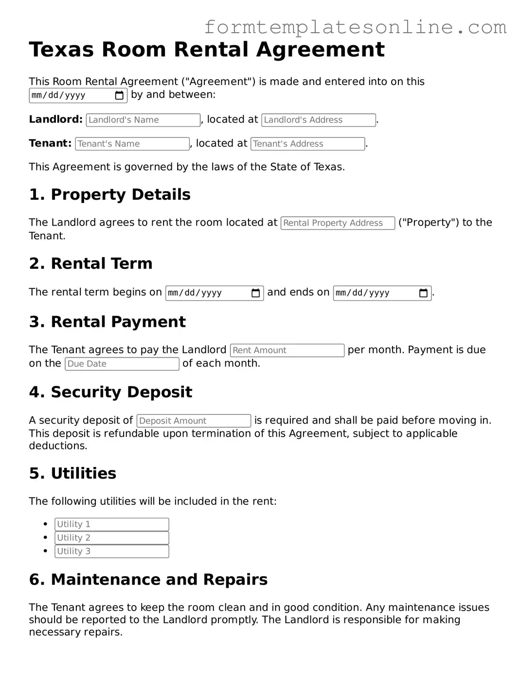 Valid Room Rental Agreement Form for Texas