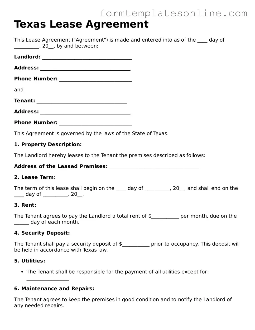 Valid  Lease Agreement Form for Texas